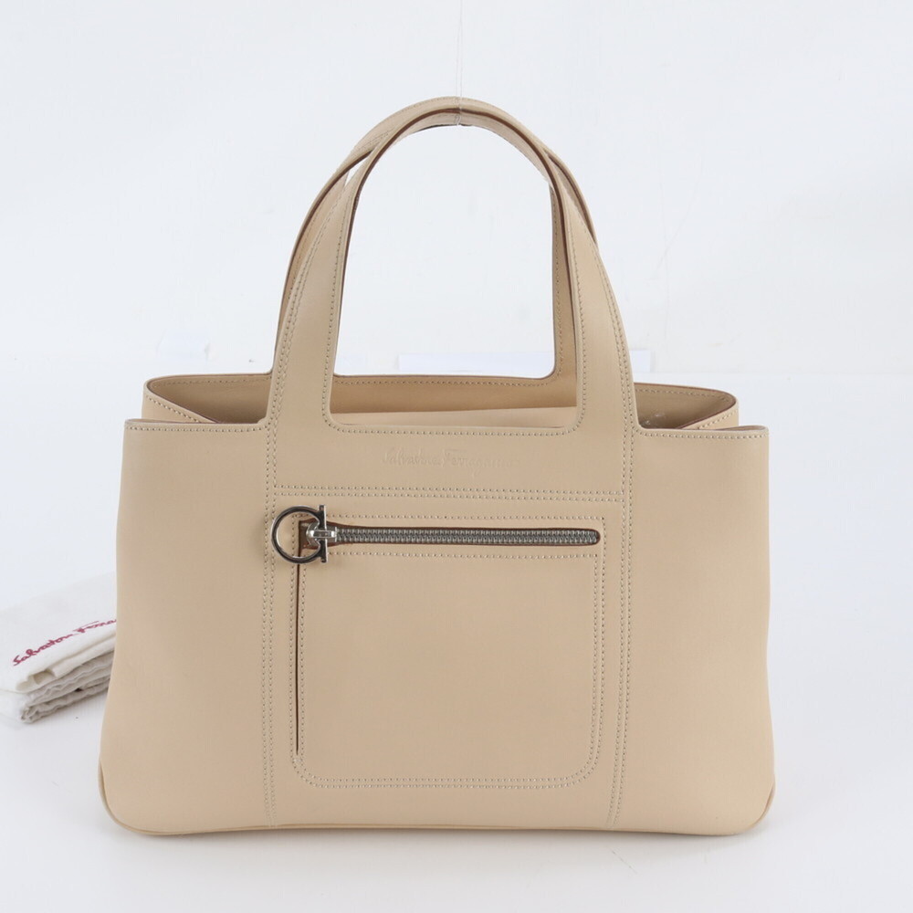 Salvatore Ferragamo Gancini DY-21 4301 Leather Handbag Tote Bag Beige Women's